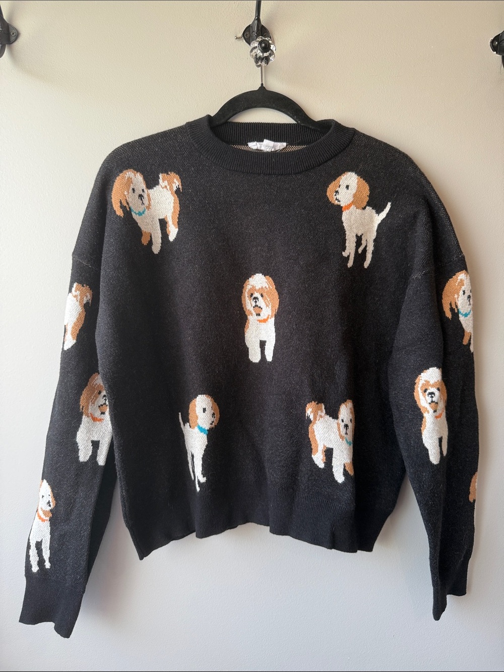 THML Black Dog-Pattern Crewneck Sweater fall winter pet Shihtzu M